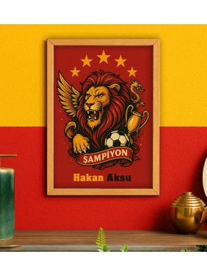 Bk Gift Kişiye Özel Sarı Kırmızı 5 Yıldız Aslan Taraftar Tasarımlı Ahşap Çerçeveli Tablo-2 40 x 25 cm , Taraftar Hediyesi, Doğum Günü Hediyesi, Arkadaşa Hediye