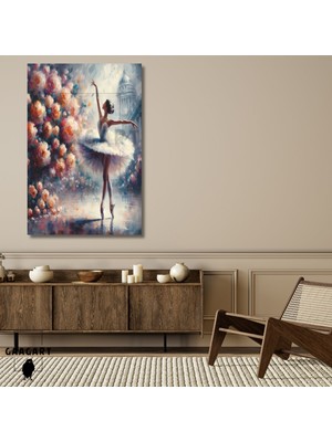 Tekli Dikey Kanvas Duvar Tablosuyağlı Boya Görünümlü Çiçekler ve Balerin