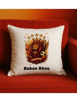 Bk Gift Kişiye Özel Sarı Kırmızı 5 Yıldız Aslan Taraftar Tasarımlı Beyaz Kırlent Yastık-7, Taraftar Hediyesi, Doğum Günü Hediyesi, Arkadaşa Hediye