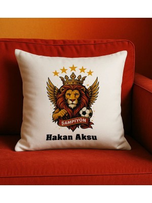 Bk Gift Kişiye Özel Sarı Kırmızı 5 Yıldız Aslan Taraftar Tasarımlı Beyaz Kırlent Yastık-5, Taraftar Hediyesi, Doğum Günü Hediyesi, Arkadaşa Hediye