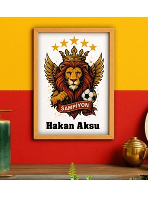 Bk Gift Kişiye Özel Sarı Kırmızı 5 Yıldız Aslan Taraftar Tasarımlı Ahşap Çerçeveli Tablo-5 40 x 25 cm , Taraftar Hediyesi, Doğum Günü Hediyesi, Arkadaşa Hediye