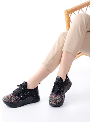 Siyah Bağcıklı Fileli Multi Taşlı Günlük Kadın Spor