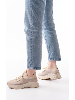 Bej Bağcıklı Fileli Günlük Spor Ayakkabı