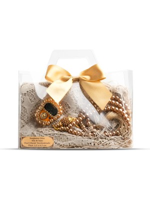 Tesbih + Dantelli Şal + Zikirmatik Hediye Seti (Asetat Kutulu, Gold)