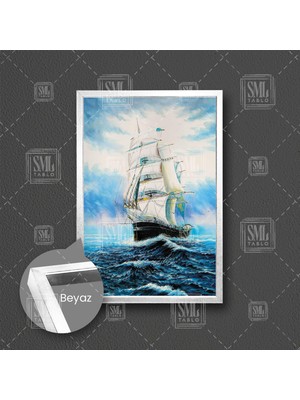 Açık Denizde Yelkenli Gemi Deniz Dalga Manzara Çerçeveli Dikey Kanvas Tablo