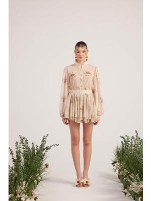 Çiçekli Gömlek ve Şort Etekli Valeria Takım Bej