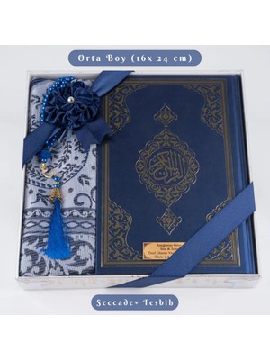 Kuran +  Seccade +  Tesbih Hediye Seti (Orta Boy, Ekonomik Cilt, Desenli Kutu, Lacivert)