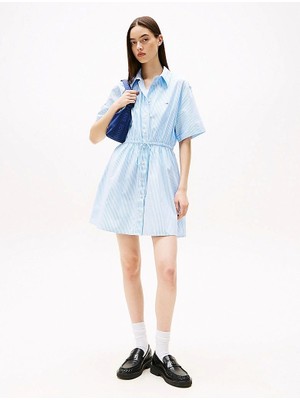 Tommy Hilfiger Kadın Çizgili Rahat Mini Gömlek Elbise