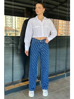 Gülseli Bol Paça Likralı Kadın Jean Kot Pantolon P-00016351