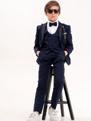 Erkek Çocuk Saten Duble Yaka Yaka Iğneli 5 Parça Takım Elbise (7-10 Yaş Arası)