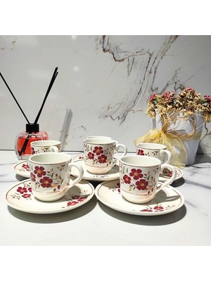 Dm Porselen Kırmızı Gonca 6'lı Kahve Fincan Takımı