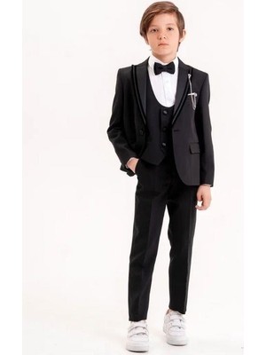 Erkek Çocuk Duble Saten Yakalı Yaka Iğneli 5 Parça Takım Elbise(11-14 Yaş Arası)