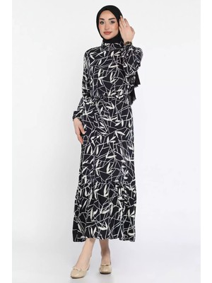Julude Desenli Bel Bağlamalı Tesettür Viskon Elbise P-00015331