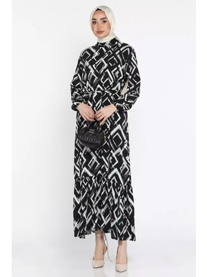 Julude Desenli Bel Kuşaklı Tesettür Viskon Elbise P-00015332