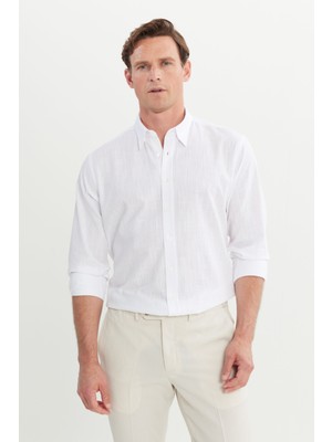 Altınyıldız Classics Erkek Beyaz Comfort Fit Rahat Kesim Gizli Düğme Yaka %100 Pamuk Flamlı Gömlek