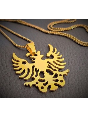 Altın Renk Paslanmaz Çelik Çift Başlı Kartal Kolye / 60 cm Zincirli