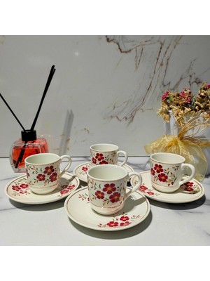 Dm Porselen Kırmızı Gonca 4'lü Kahve Fincan Takımı