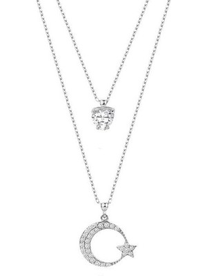 Harem Altın Çift Zincirli Tek Taşlı Ay Yıldız Gümüş Beyaz Kolye GMS1914