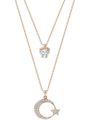 Harem Altın Çift Zincirli Tek Taşlı Ay Yıldız Gümüş Rose Kolye GMS1915
