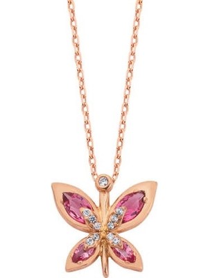 Harem Altın Kırmızı Taşlı Kelebek Gümüş Kolye GMS1811