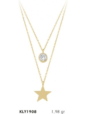 Harem Altın 14 Ayar Altın Çift Zincir Taşlı Yıldız Kolye KLY1908