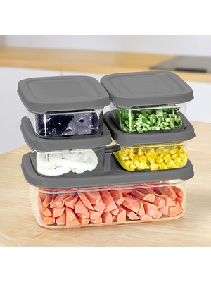 Meleni Home 5'li Dikdörtgen Erzak Saklama Kabı Seti - Mikrodalgaya Uygun Düzenleyici Organizer Erzak Kabı Gri