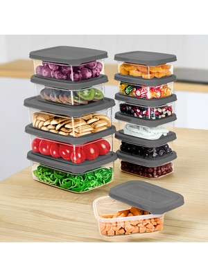 Meleni Home 12'li Dikdörtgen Erzak Saklama Kabı Seti - Mikrodalgaya Uygun Düzenleyici Organizer Erzak Kabı Gri