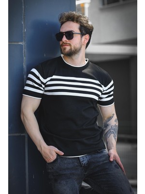 Liam Çizgili Likralı Slim Fit Bisiklet Yaka Örme Erkek Triko Tshirt