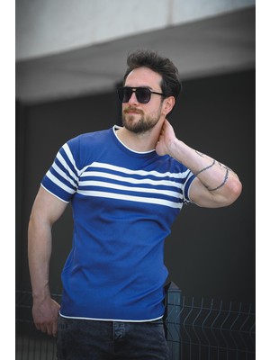 Liam Çizgili Likralı Slim Fit Bisiklet Yaka Örme Erkek Triko Tshirt