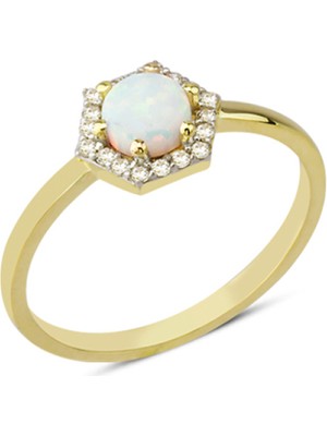 Harem Altın 14 Ayar Altın Beyaz Taşlı Altıgen Yüzük YZK062A