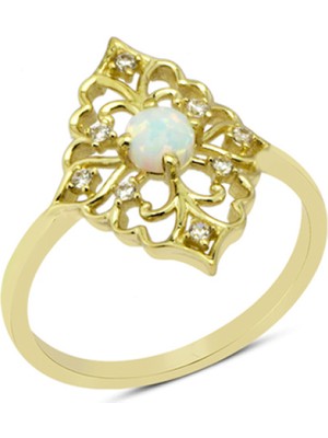 Harem Altın 14 Ayar Altın Beyaz Taşlı Motifli Yüzük YZK065A