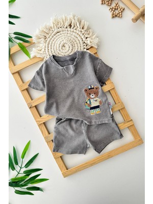 Miniğimin Cicileri Bear Panç Işleme Erkek Bebe Yumuşak kotlu takım - Gri