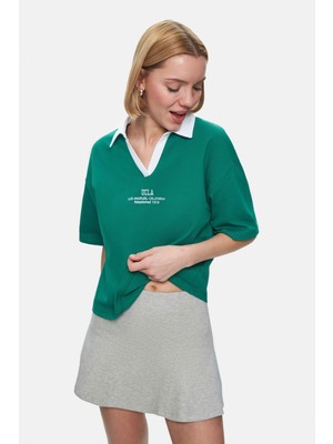 Ucla Polly Yeşil Polo Yaka Sargı Nakışlı Loose Fit Kadın Tshirt