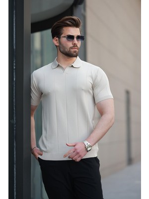 Bej Polo Yaka Triko Erkek Tişört E7417