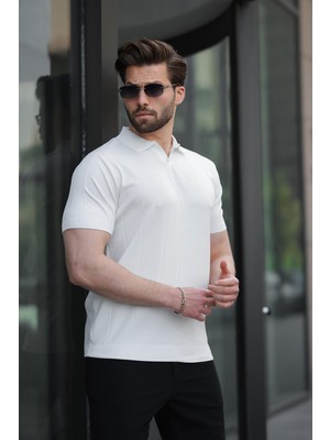 Beyaz Polo Yaka Triko Erkek Tişört E7417