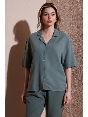 Fashion Friends Keten Karışımlı Standart Fit Kısa Kollu Gömlek Bayan Gömlek 25Y0605K1