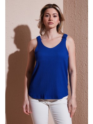 Fashion Friends Standart Fit V Yaka Büzgülü Kalın Askılı Bluz Bayan Bluz 25Y0513K1