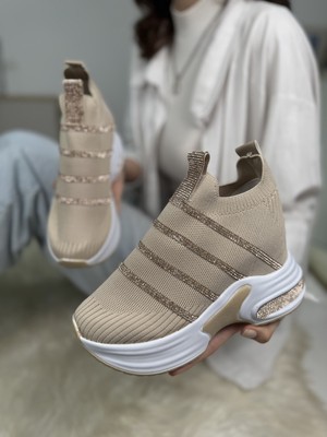 Günlük Triko Kadın Sneaker Gizli Topuk Taşlı Oval Burun Rahat Kalıp Nefes Alabilen Spor Ayakkabı 271