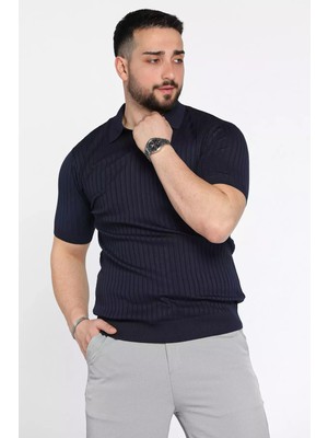 Erkek Polo Yaka Kendinden Çizgi Desenli Triko Tişört P-00015202