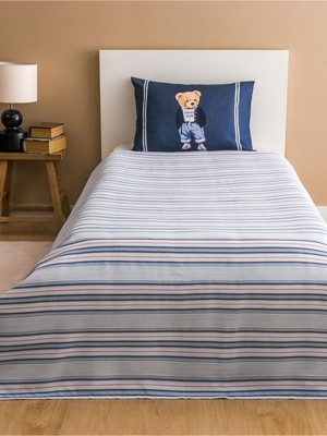 Lacivert Ayıcık Teddy Baskılı %100 Pamuklu Tek Kişilik Pike Seti 160 x 220 cm
