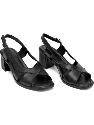 Ayakkabı Fuarı Elit Koc15-06 Kadın Hakiki Deri Topuklu Sandalet Siyah