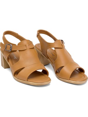 Ayakkabı Fuarı Elit Koc22-02 Kadın Hakiki Deri Topuklu Sandalet Taba