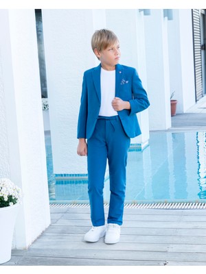 Butik Happy Kids Erkek Çocuk Indigo Takım Elbise Keten Spor Takım Ceket Pantolon Tişort 3-14 Yaş