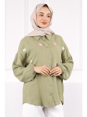 İmaj Butik Haki Kalp Nakışlı Keten Gömlek