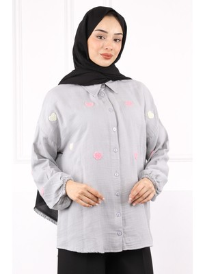 İmaj Butik Gri Kalp Nakışlı Keten Gömlek