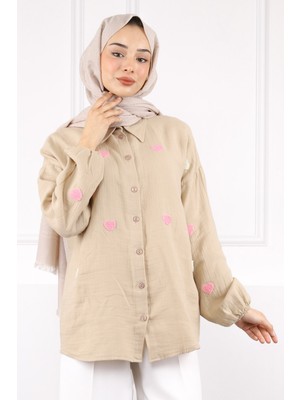 İmaj Butik Vizon Kalp Nakışlı Keten Gömlek
