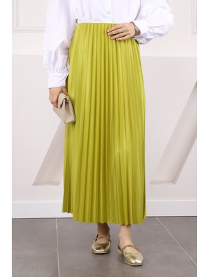 İmaj Butik Yağ Yeşili Bel Lastikli Piliseli Etek