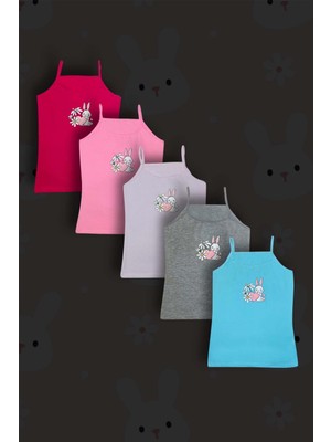 5'li Kız Çocuk Tavşan Baskılı Pamuklu Ip Askılı Atlet