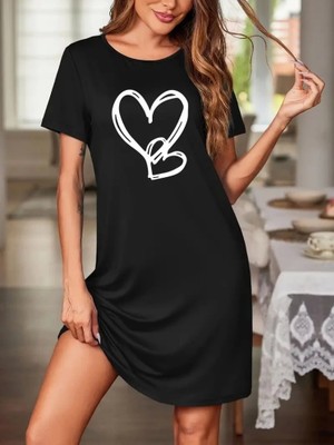 Defy Moda Kadın Kısa Kollu Bisiklet Yaka Kalp Desenli Viskon Elbise