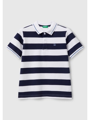 United Colors Of Benetton Erkek Çocuk Lacivert Mix Çizgili Logo Işlemeli Polo T-Shirt